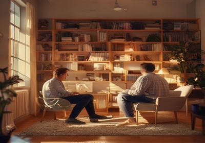 心理咨询师在温馨诊室内与来访者进行专业谈话，背景书架整齐，暖光营造安全感